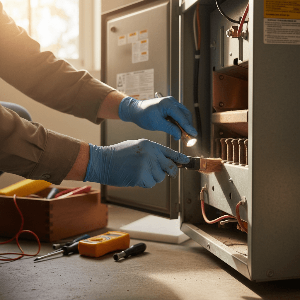 HVAC technician performing routine maintenance on furnace