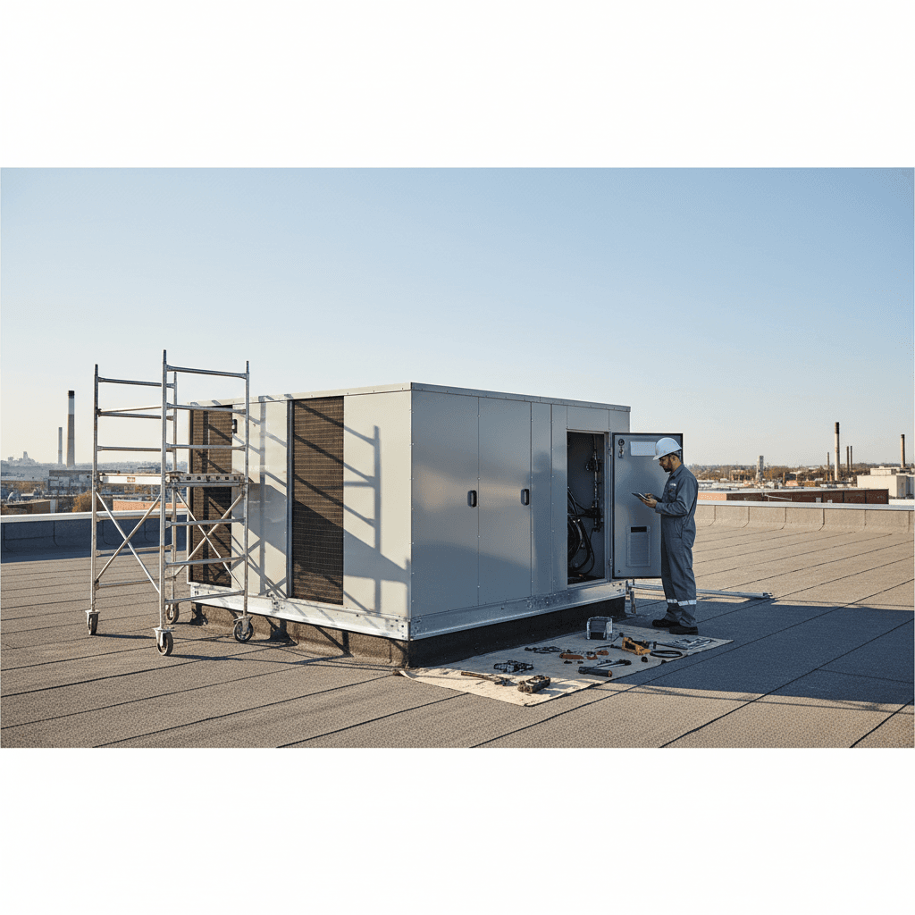 HVAC technician servicing large commercial rooftop unit