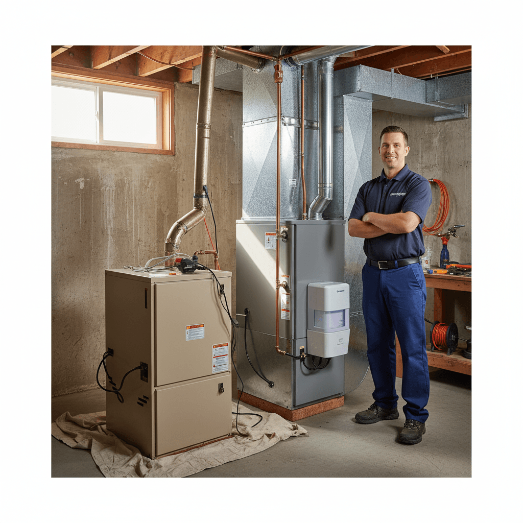 New furnace installation replacing older unit in residential basement