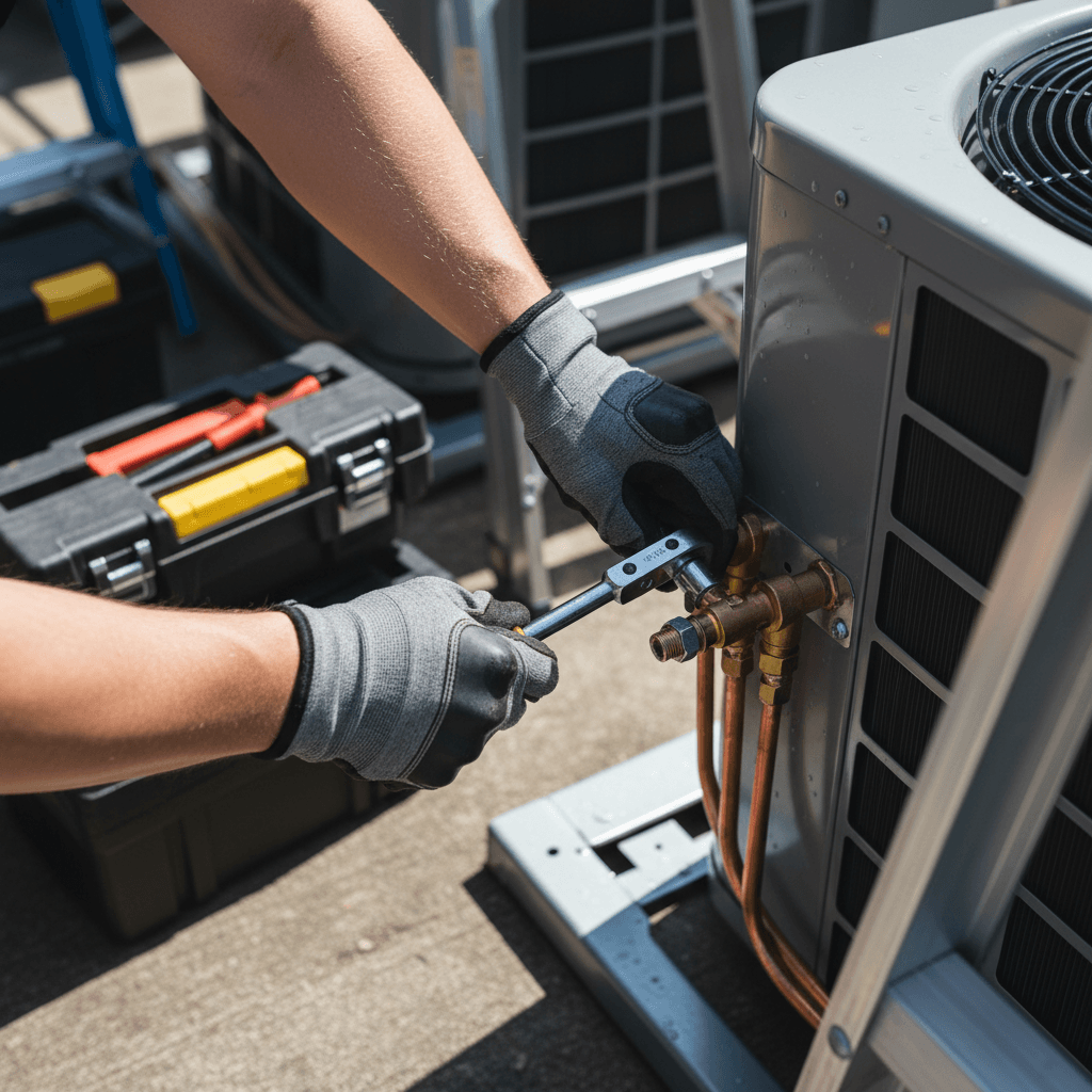 HVAC technician connecting refrigerant lines during new system installation