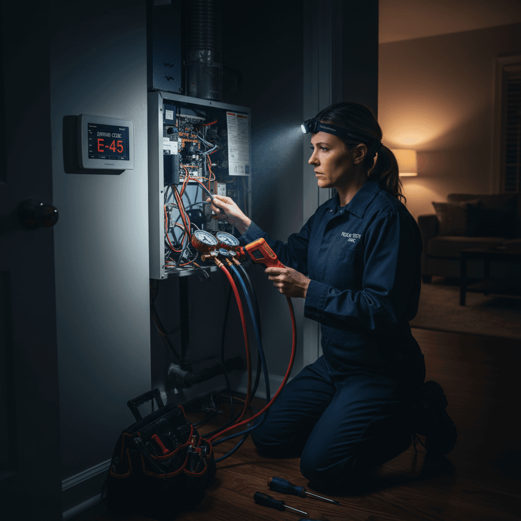 HVAC technician troubleshooting system malfunction