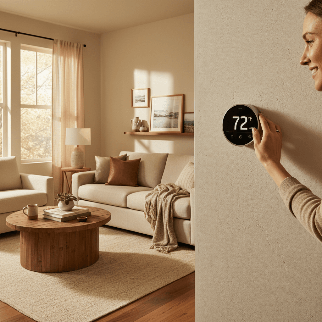 Homeowner using new smart thermostat after Lumenarc LLC installation