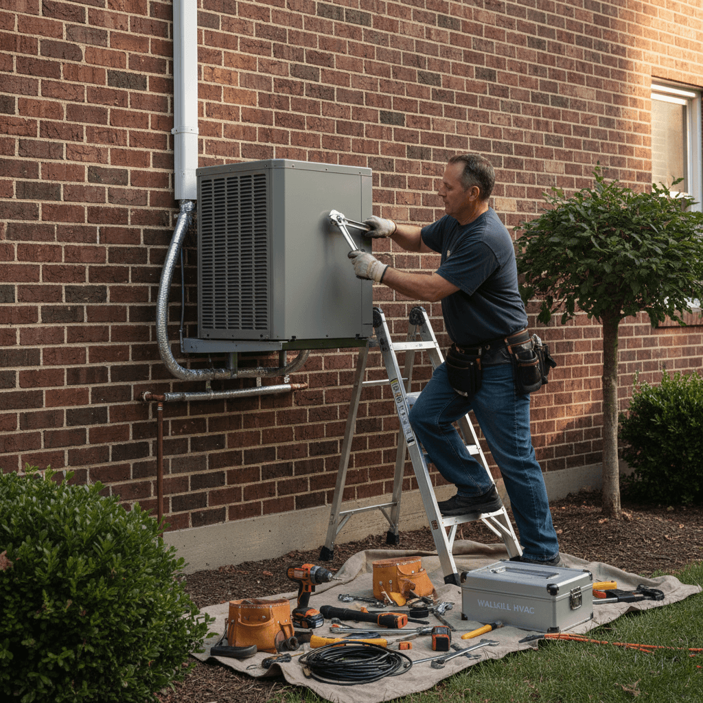 HVAC technician installing new air conditioning unit