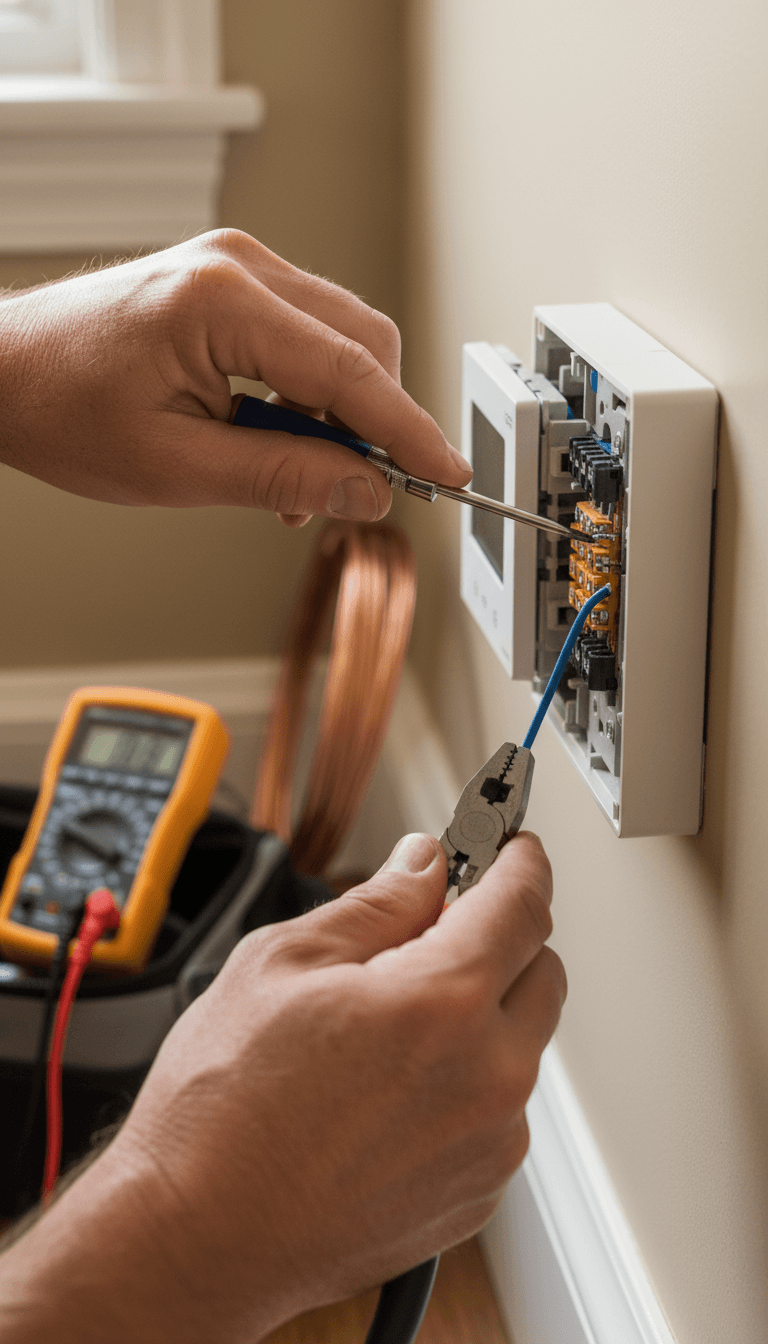 HVAC technician adjusting a residential thermostat during routine maintenance