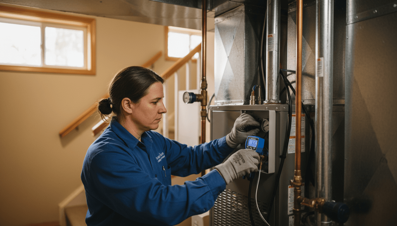 HVAC technician carefully adjusting residential heating system controls